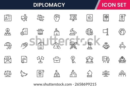 Diplomacy vector line icons featuring handshake, peace symbols, globes, negotiations, treaties, communication, alliances, embassies, international relations, and conflict resolution elements.