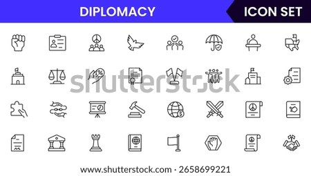 Diplomacy vector line icons featuring handshake, peace symbols, globes, negotiations, treaties, communication, alliances, embassies, international relations, and conflict resolution elements.