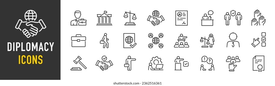 Iconos web de diplomacia en estilo de línea. Política, embajadora, diplomática, consulado, gobierno, colección. Ilustración vectorial.