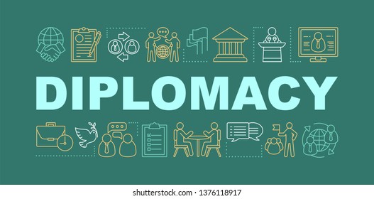 Diplomacy word concepts banner. Communication, public speaking skills. Corporate environment. Isolated lettering typography idea with linear icons. Negotiations. Vector outline illustration