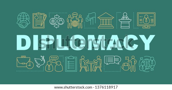 Diplomacy word concepts banner.\
Communication, public speaking skills. Corporate environment.\
Isolated lettering typography idea with linear icons. Negotiations.\
Vector outline\
illustration