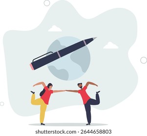 Diplomacia, acordo mundial ou tratado entre países, parceria global, política ou contrato de paz mundial que assina concept.character para design.