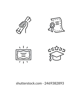 Diplomas and certificates linear icon set. Online learning. Line customizable illustration. Contour symbol. Vector isolated outline drawing. Editable stroke