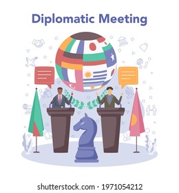 Diplomat Concept. Idea Of International Deplomatic Relations. Country Worldwide Representation. Citizens Protection, Confflict Solution. Isolated Vector Illustration