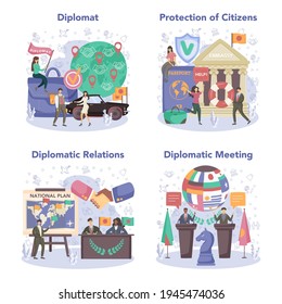 Diplomat Concept Set. Idea Of International Deplomatic Relations.