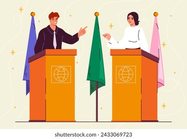 Diplomat discussion concept. Man and woman at political debates. Politician discuss global project at press conference. Cartoon flat vector illustration isolated on beige background