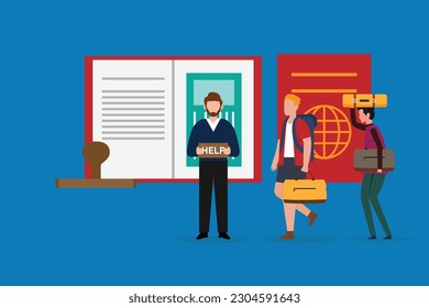 Diplomat helping tourist with foreign country travel document 2d vector illustration concept for banner, website, illustration, landing page, flyer, etc.