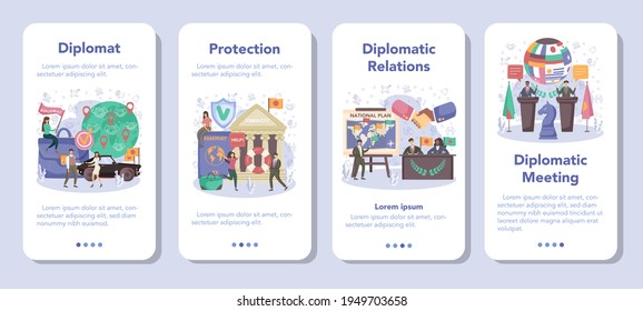 Diplomat mobile application banner set. Idea of international deplomatic