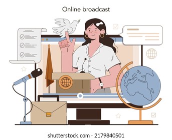 Diplomat online service or platform. International relations and governments communication. Country worldwide representation. Online broadcast. Flat vector illustration