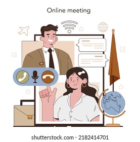 Diplomat Online Service Or Platform. International Relations And Governments Communication. Country Worldwide Representation. Online Meeting. Flat Vector Illustration