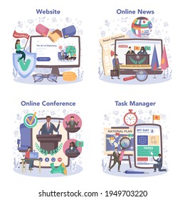 Diplomat online service or platform set. Idea of international deplomatic