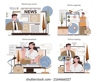 Diplomat online service or platform set. International relations and governments communication. Country worldwide representation. Online meeting, broadcast, organizer, news. Flat vector illustration