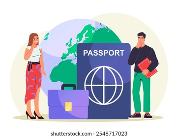 Diplomata com passaporte. Homem e mulher perto da pasta e passaporte estrangeiro. Visto internacional para políticos. Viagens e turismo. Ilustração de vetor plano isolada no plano de fundo branco