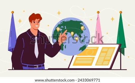 Diplomat with planet. Man at background of Earth. Politician with international communications and interactions. Cooperation between countries, global business. Cartoon flat vector illustration
