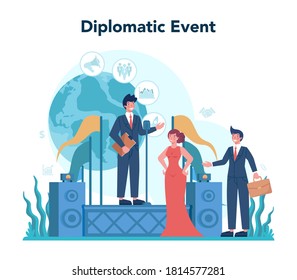 Diplomat profession. Idea of international relations and government. Country worldwide representation. Diplomatic event. Isolated vector illustration