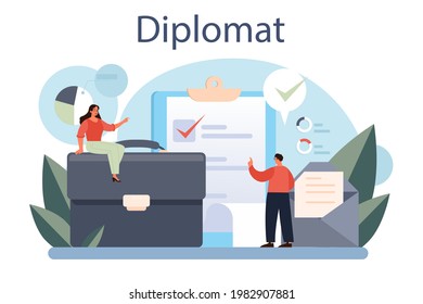 Diplomatenberuf. Idee der internationalen Beziehungen und der Regierung. Landesvertretung weltweit. Verhandlungsprozess, diplomatisches Ereignis. Einzelne Vektorgrafik