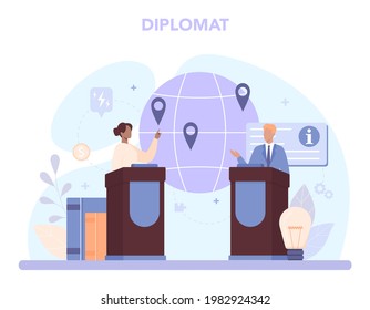 Diplomat profession. Idea of international relations and government. Country worldwide representation. Negotiation process, diplomatic event. Isolated vector illustration