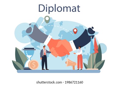 Diplomat profession. Idea of international relations and government. Country worldwide representation. Negotiation process, diplomatic event. Isolated vector illustration