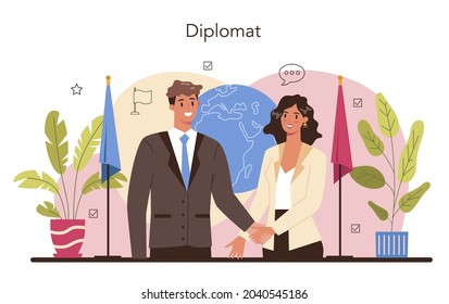 Diplomat profession. Idea of international relations and government. Country worldwide representation. Negotiation process, diplomatic event. Isolated vector illustration