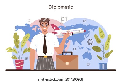 Diplomat profession. Idea of international relations and government. Country worldwide representation. Negotiation process, diplomatic event. Isolated vector illustration