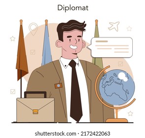 Diplomat profession. Idea of international relations and governments communication. Country worldwide representation. Diplomatic conference and diplomat visit. Flat vector illustration