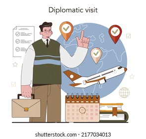 Diplomat profession. Idea of international relations and governments communication. Country worldwide representation. Diplomatic conference and diplomat visit. Flat vector illustration