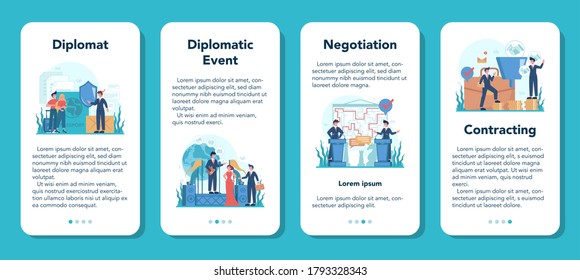 Diplomat profession mobile application banner set. Idea of international relations and government. Country worldwide representation. Isolated vector illustration