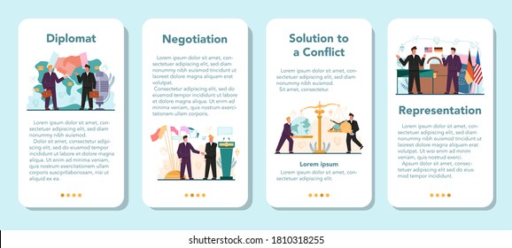 Diplomat profession mobile application banner set. Idea of international relations and government. Country worldwide representation. Negotiation, confflict solution. Isolated vector illustration