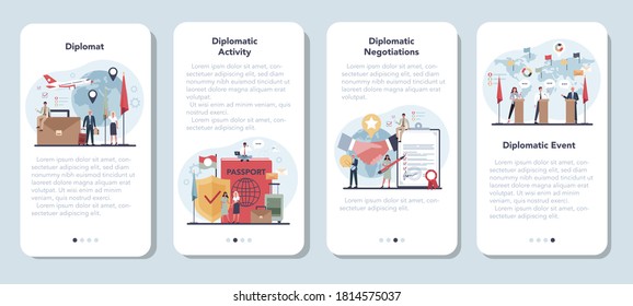 Diplomat profession mobile application banner set. Idea of international relations and government. Country worldwide representation. Negotiation process, diplomatic event. Isolated vector illustration