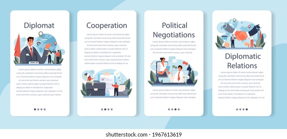 Diplomat profession mobile application banner set. Idea of international