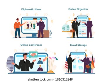 Diplomat profession online service or platform set. Idea of international relations. Country representation. Online organizer, conference, cloud storage, diplomatic news. Isolated vector illustration