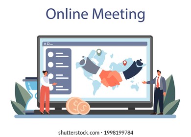 Diplomat profession online service or platform. Idea of international relations. Country worldwide representation. Online meeting. Flat vector illustration