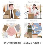 Diplomat profession set. Idea of international relations and governments communication. Country worldwide representation. Diplomatic conference and diplomat visit. Flat vector illustration