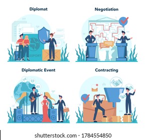 Diplomat profession set. Idea of international relations and government. Country worldwide representation. Negotiation process, diplomatic event, contracting. Isolated vector illustration