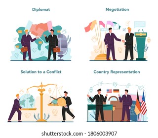 Diplomat profession set. Idea of international relations and government. Country worldwide representation. Negotiation, confflict solution. Isolated vector illustration