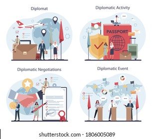 Diplomat profession set. Idea of international relations and government. Country worldwide representation. Negotiation process, diplomatic event. Isolated vector illustration