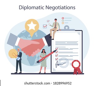 Diplomat profession set. Idea of international relations and government. Country worldwide representation. Negotiation process, diplomatic event. Isolated vector illustration