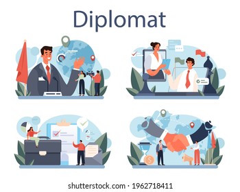 Diplomat profession set. Idea of international relations and government.