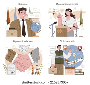 Diplomat profession set. Idea of international relations and governments communication. Country worldwide representation. Diplomatic conference and diplomat visit. Flat vector illustration