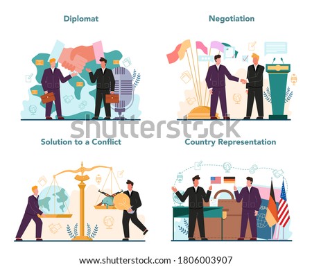Diplomat profession set. Idea of international relations and government. Country worldwide representation. Negotiation, confflict solution. Isolated vector illustration