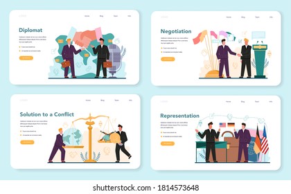 Diplomat profession web banner or landing page set. Idea of international relations and government. Country worldwide representation. Negotiation, confflict solution. Isolated vector illustration