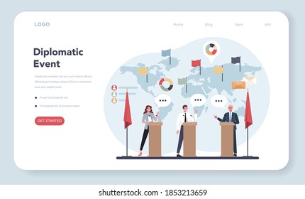 Diplomat profession web banner or landing page. Idea of international relations and government. Country worldwide representation. Negotiation process, diplomatic event. Isolated vector illustration