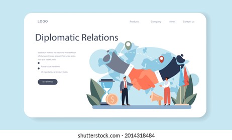 Diplomat profession web banner or landing page. Idea of international relations and government. Country worldwide representation. Negotiation process, diplomatic event. Flat vector illustration