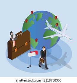 Diplomat traveling around the world isometric 3d vector illustration concept banner, website, landing page, ads, flyer template