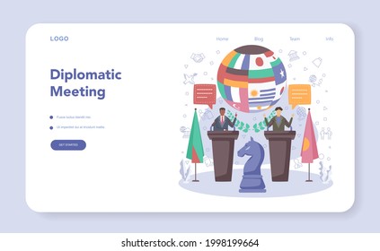 Diplomat web banner or landing page. Idea of international deplomatic relations. Country worldwide representation. Citizens protection, confflict solution. Isolated vector illustration