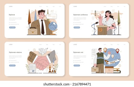 Diplomat web banner or landing page set. International relations and governments communication. Country worldwide representation. Diplomatic conference and diplomat visit. Flat vector illustration