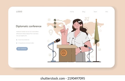 Diplomat web banner or landing page. International relations and governments communication. Country worldwide representation. Diplomatic conference and diplomat visit. Flat vector illustration