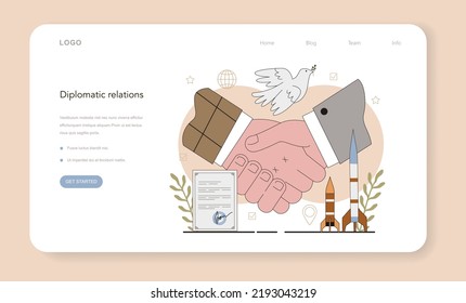 Diplomat web banner or landing page. International relations and governments communication. Country worldwide representation. Diplomatic conference and diplomat visit. Flat vector illustration