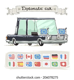 Diplomatic Car With Flags Set. Isolated on White Background.