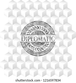 Diplomatic grey emblem with geometric cube white background